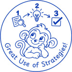 Teacher stamp “Great Use of Strategies!” for strategic thinking and learning – Blue ink