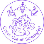 Teacher stamp “Great Use of Strategies!” for strategic thinking and learning – Purple ink