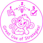Teacher stamp “Great Use of Strategies!” for strategic thinking and learning – Pink ink