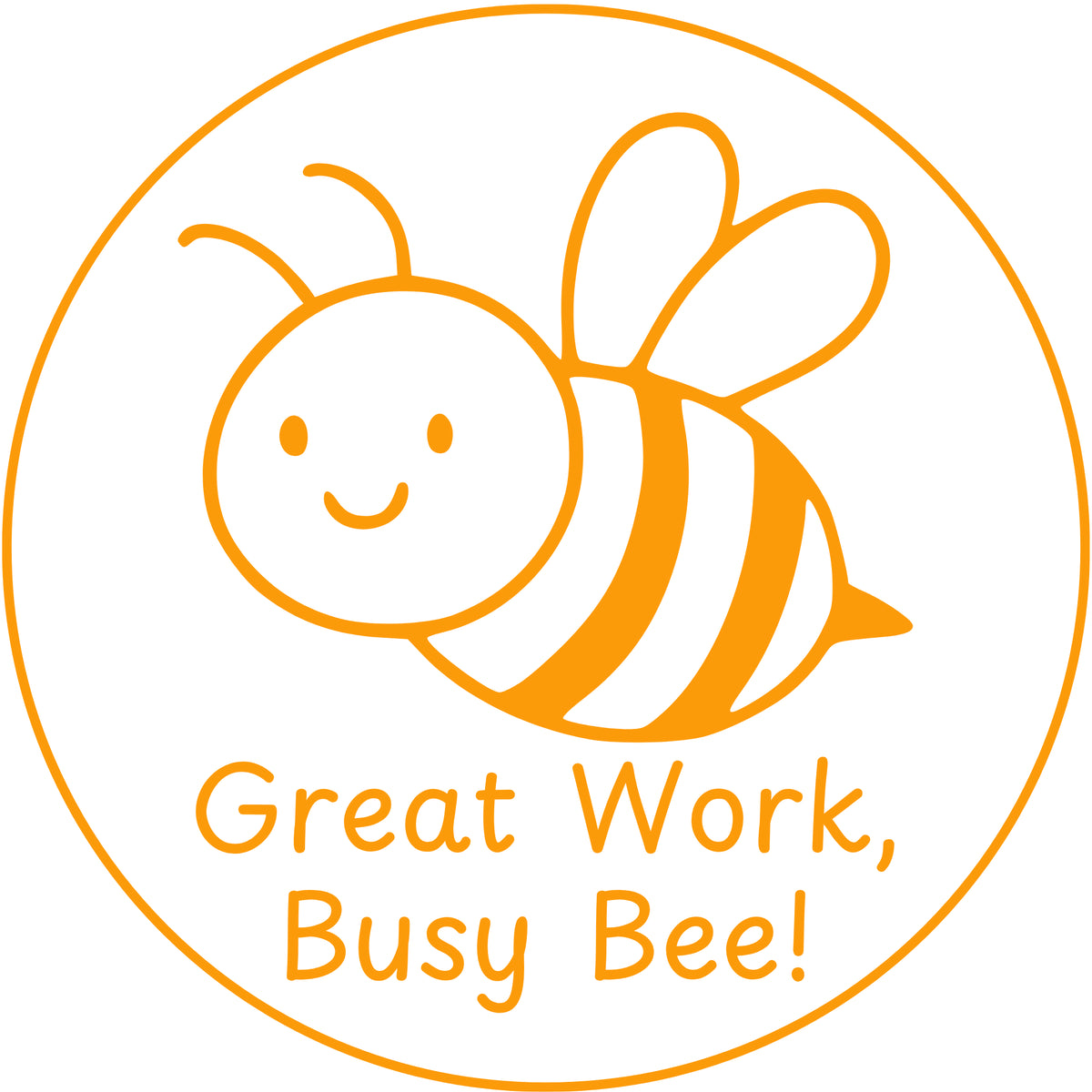 Teacher stamp “Great Work, Busy Bee!” for recognizing strong student effort – Orange ink