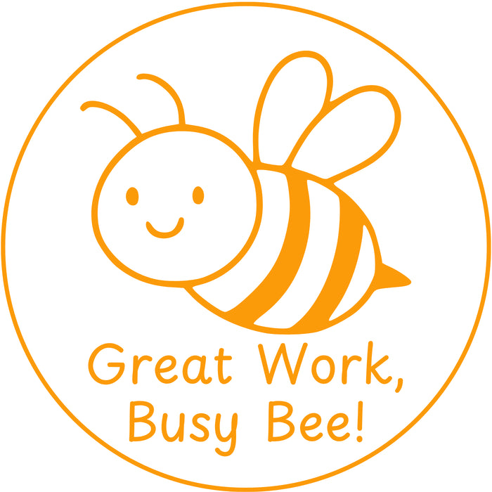 Teacher stamp “Great Work, Busy Bee!” for recognizing strong student effort – Orange ink