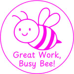 Teacher stamp “Great Work, Busy Bee!” for recognizing strong student effort – Pink ink