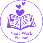 Teacher stamp “Neat Work Please!” for clearer and more organized student work – Purple ink