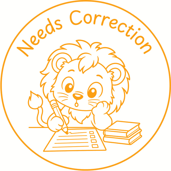 Teacher stamp “Needs Correction” for revision and next-step feedback – Orange ink