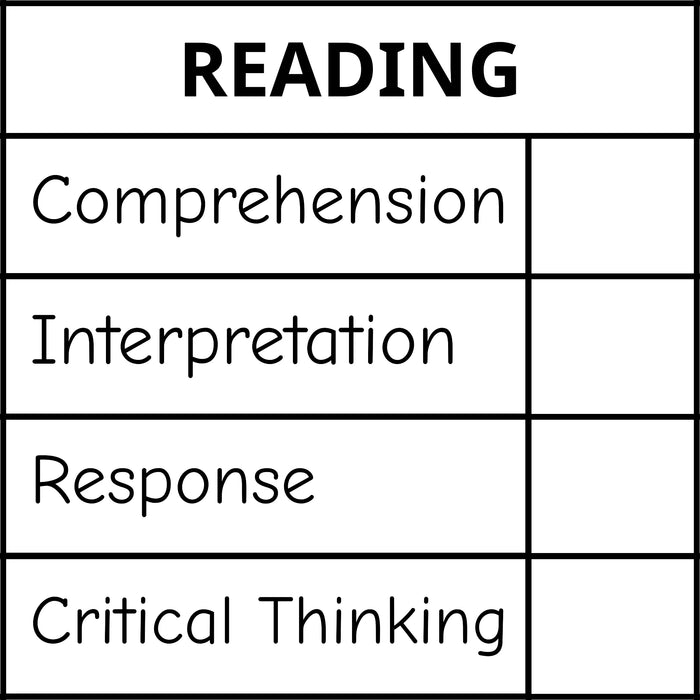 Teacher stamp “Reading – 4 criteria” with comprehension, interpretation, response and critical-thinking criteria – Black ink