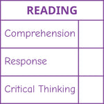 Teacher stamp “Reading – 3 Criteria” with comprehension, response and critical-thinking criteria – Purple ink