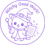 Halloween teacher stamp “Witchy Good Work!” for celebrating strong student work – Purple ink