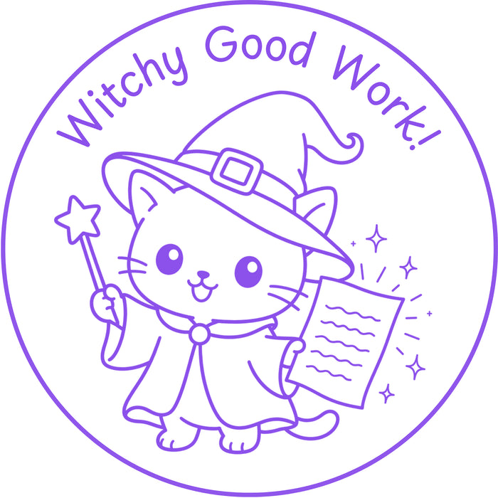 Halloween teacher stamp “Witchy Good Work!” for celebrating strong student work – Purple ink