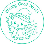 Halloween teacher stamp “Witchy Good Work!” for celebrating strong student work – Green ink