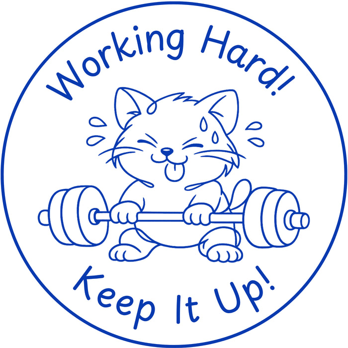Teacher stamp “Working Hard! Keep It Up!” for effort and perseverance – Blue ink