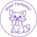 Teacher stamp “Wow! Fantastic!” for celebrating excellent student work – Purple ink