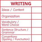 Teacher stamp “Writing – 5 Criteria” with five writing feedback criteria – Red ink