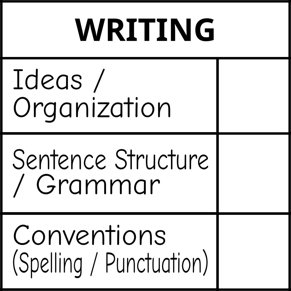 Teacher stamp “Writing – 3 Criteria” with three writing feedback criteria – Black ink