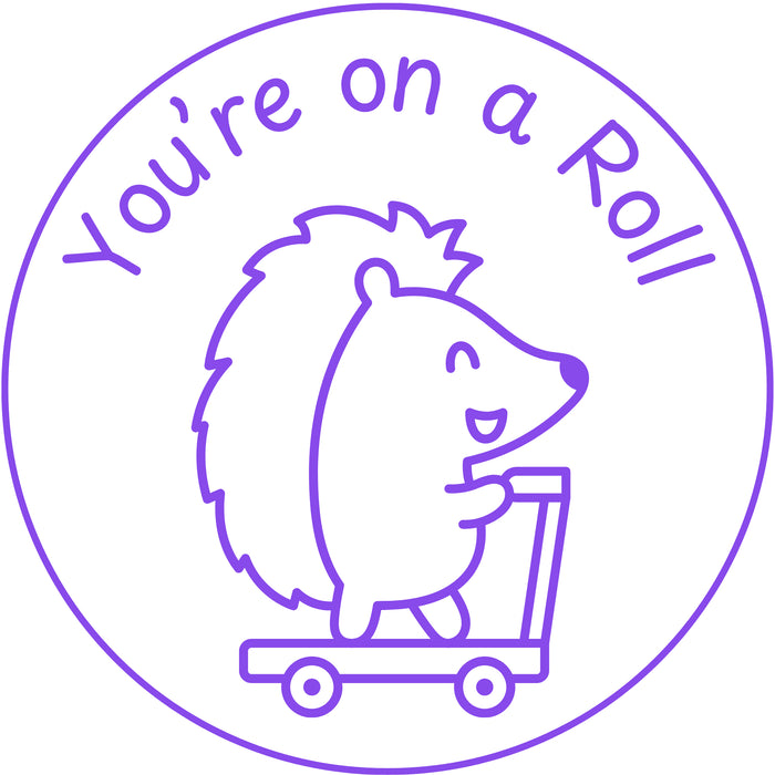 Teacher stamp “You’re on a Roll” for recognizing steady student progress – Purple ink